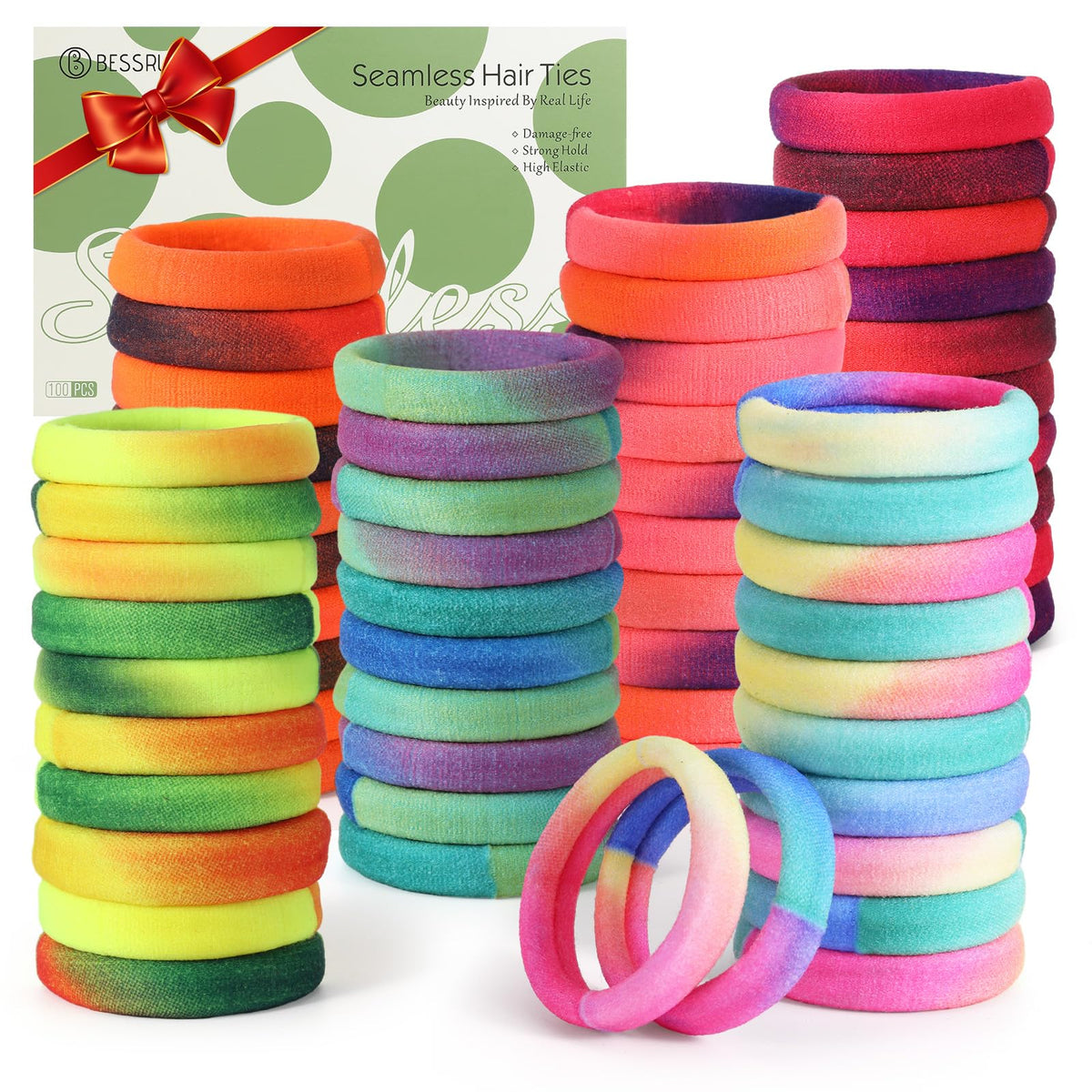 Bessrung 100PCS Gradient Rainbow Hair Ties assorted colours