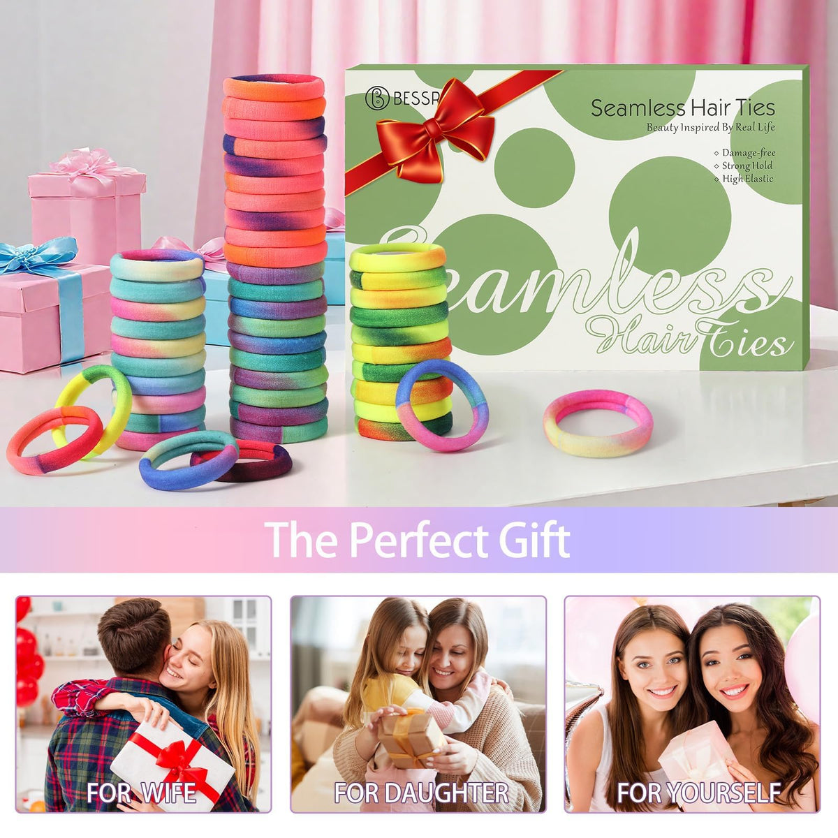 Bessrung hair ties in use with a ponytail