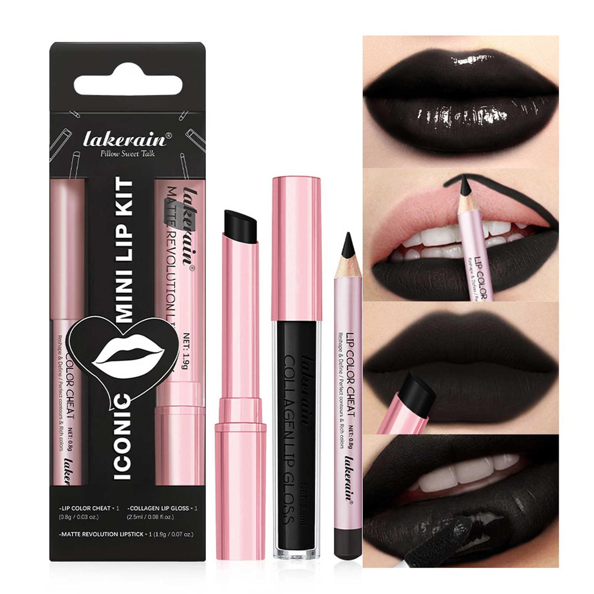 BestLand Lip Liner, Lipstick and Lip Gloss Set in Black