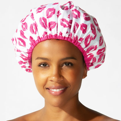 Betty Dain Fashionista Reusable Shower Cap front view with fun pattern