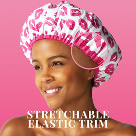 Betty Dain Fashionista Shower Cap displayed with other bath accessories