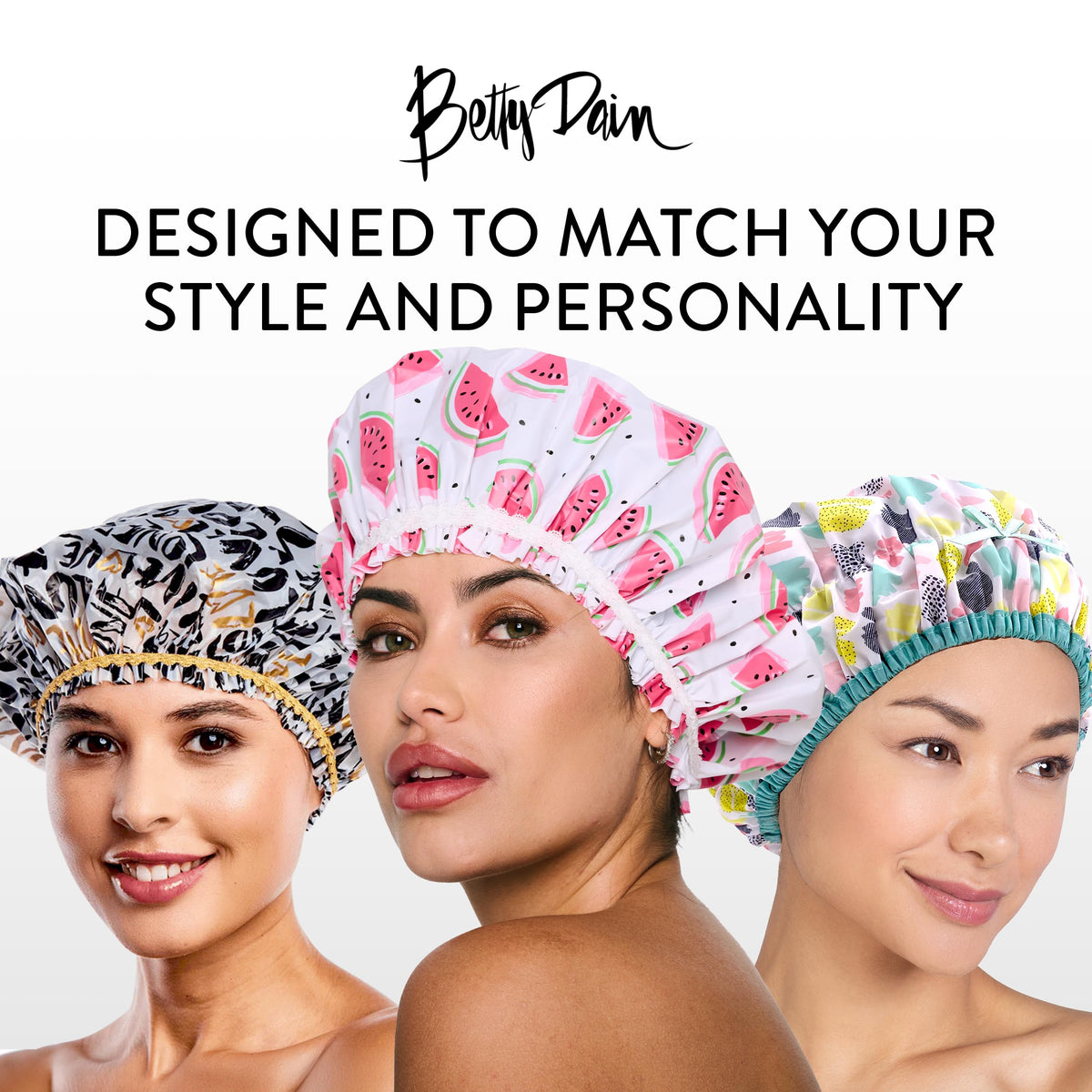 Betty Dain Fashionista Shower Cap on a model showcasing its fit