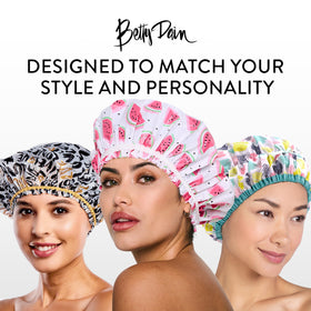 Betty Dain Fashionista Shower Cap on a model showcasing its fit