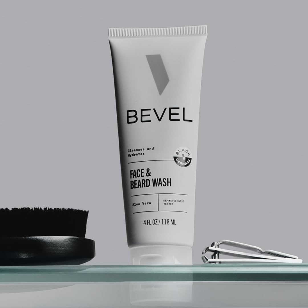 Bevel Face & Beard Wash with ingredients displayed