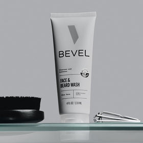 Bevel Face & Beard Wash with ingredients displayed