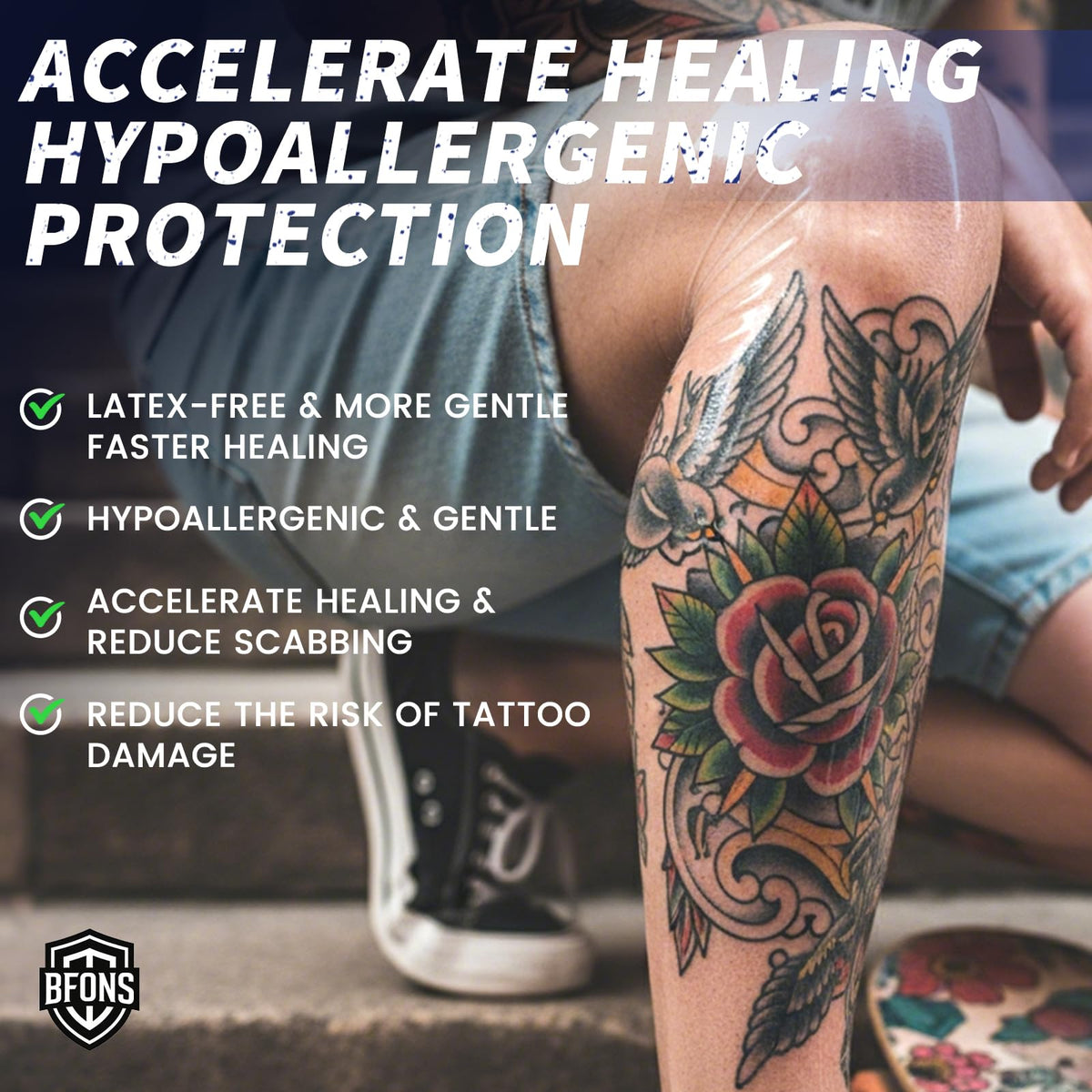 BFONS Tattoo Aftercare bandage showing waterproof feature
