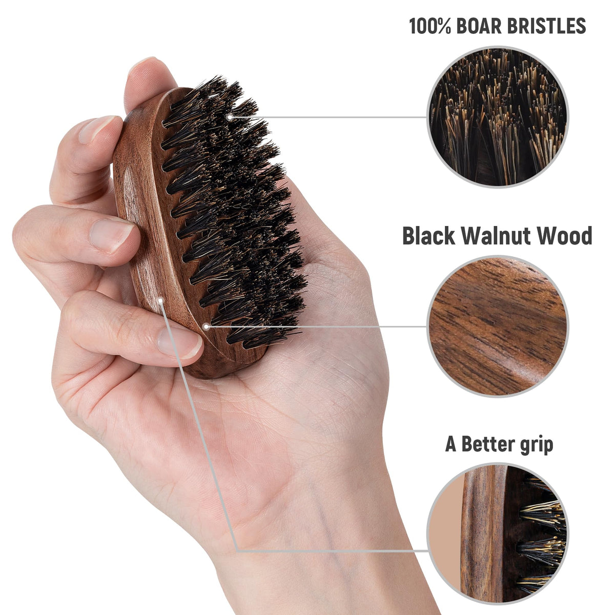 BFWood Small Travel Beard Brush side view showcasing grip design