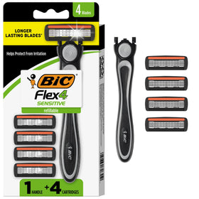 BIC Flex 4 Men's Refillable Razor Kit front view with handle and cartridges