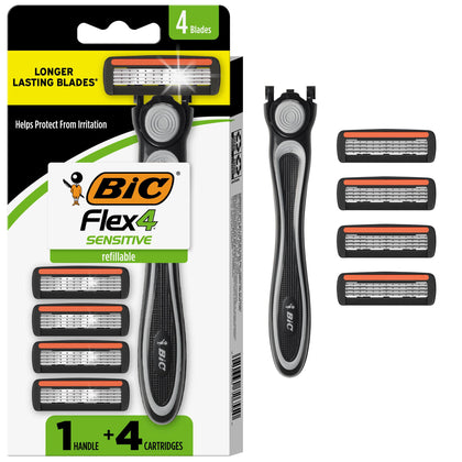 BIC Flex 4 Men's Refillable Razor Kit front view with handle and cartridges