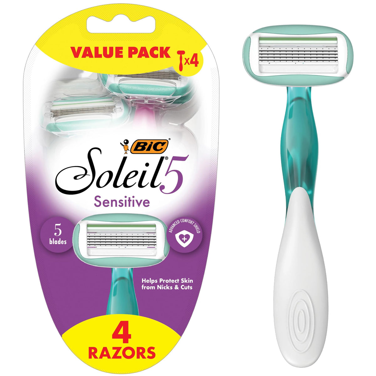 BIC Soleil 5 Sensitive Disposable Razors pack of four with teal and pink design