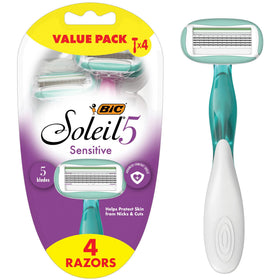 BIC Soleil 5 Sensitive Disposable Razors pack of four with teal and pink design