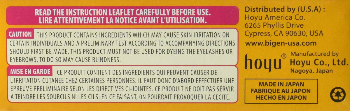 Bigen hair color packaging showing ingredients and instructions
