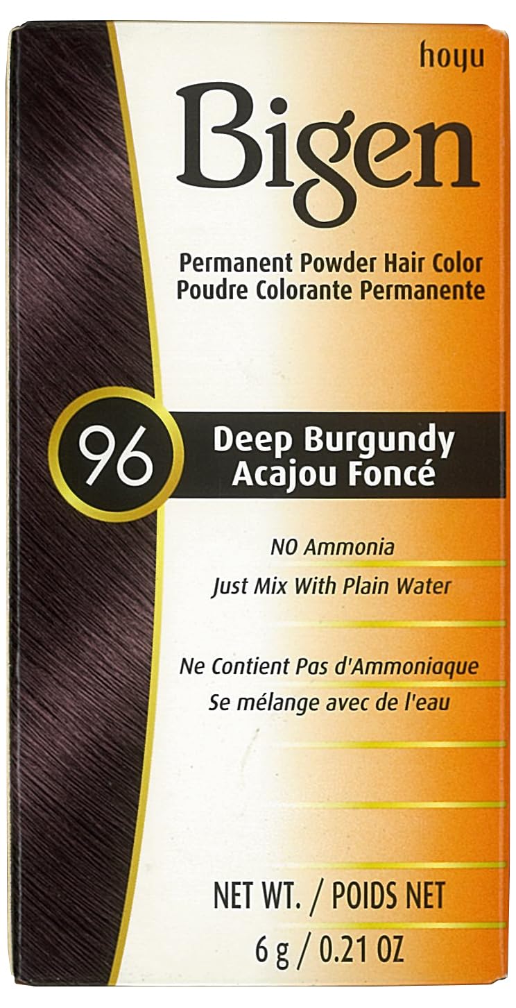 Bigen hair color packaging with deep burgundy powder