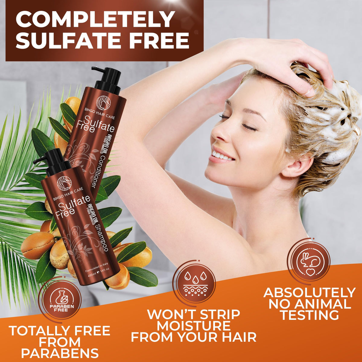 BINGO HAIR CARE Moroccan Argan Oil Shampoo and Conditioner Set packaging