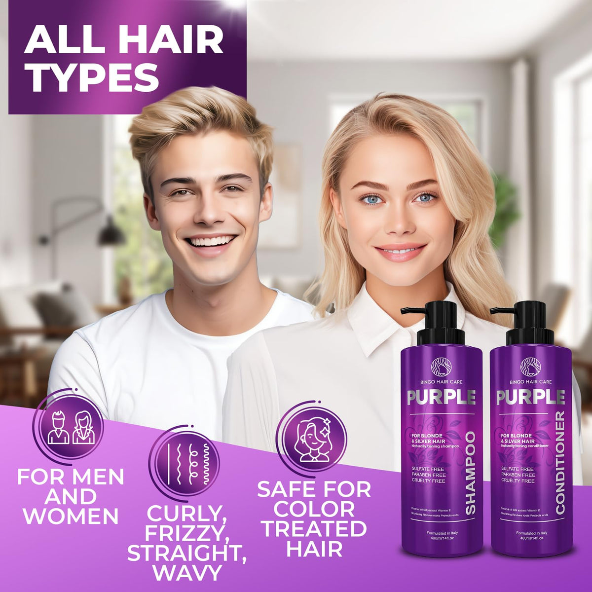 BINGO HAIR CARE Purple Shampoo and Conditioner in use on hair