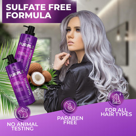 BINGO HAIR CARE Purple Shampoo and Conditioner set on a bathroom shelf