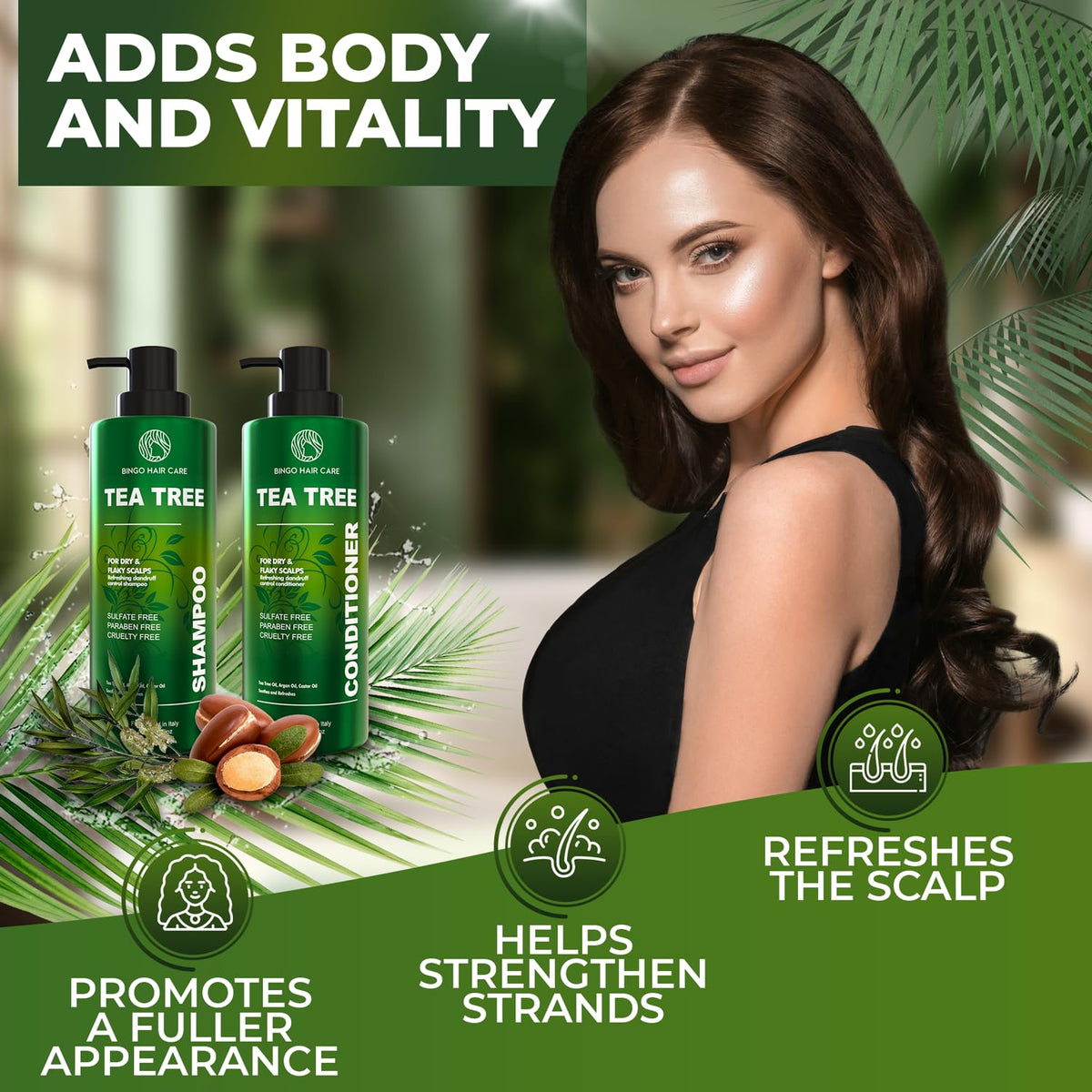 BINGO HAIR CARE Tea Tree Shampoo and Conditioner in bathroom setting