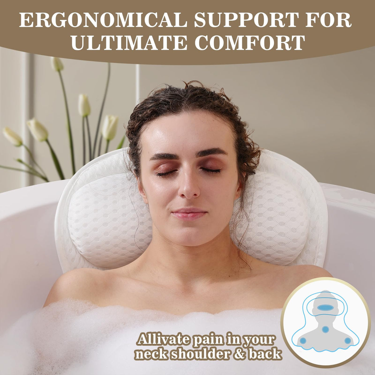 Binobella Bath Pillow with suction cups attached to tub