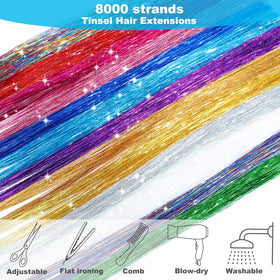 Bintvoy Hair Tinsel strands displayed in a variety of colours