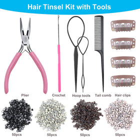 Bintvoy Hair Tinsel tools including plier and crochet hook