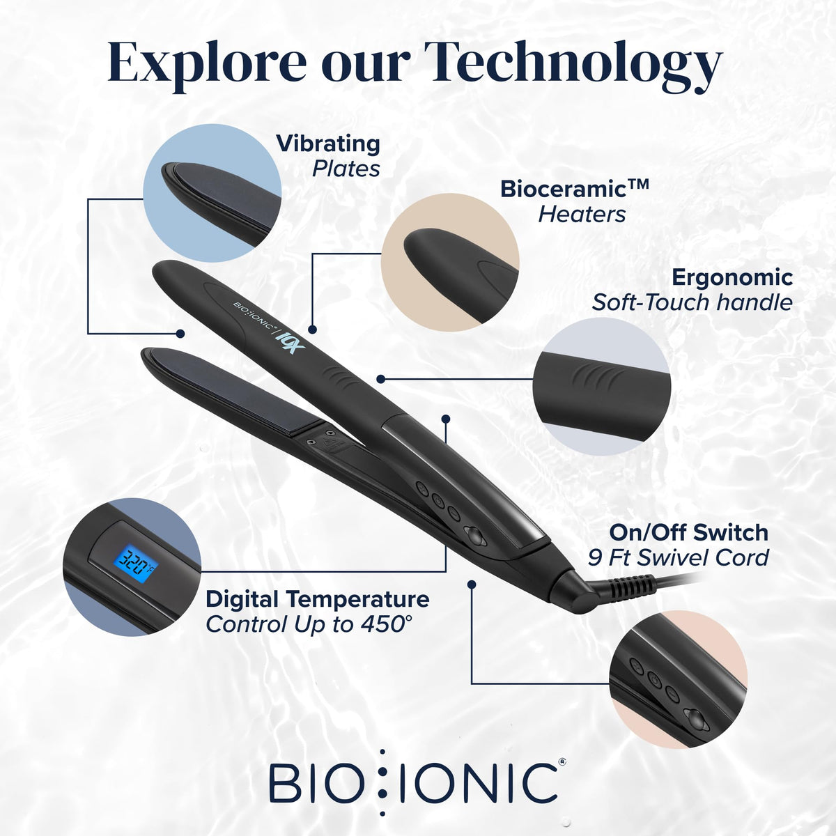 BIO IONIC 10X Styling Iron display of variable heat settings