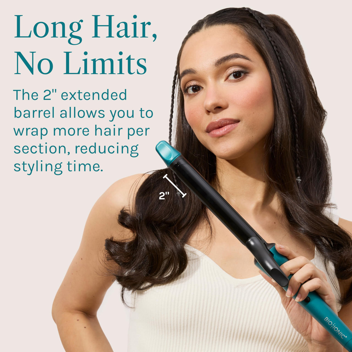BIO IONIC Long Barrel Curling Iron showing variable heat settings