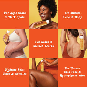 Bio-Oil on a bathroom counter with skincare products