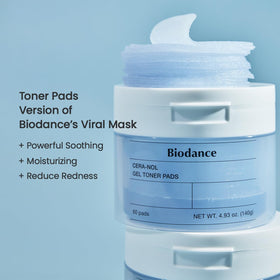 BIODANCE Cera-nol Gel Toner Pads open with one pad lifted