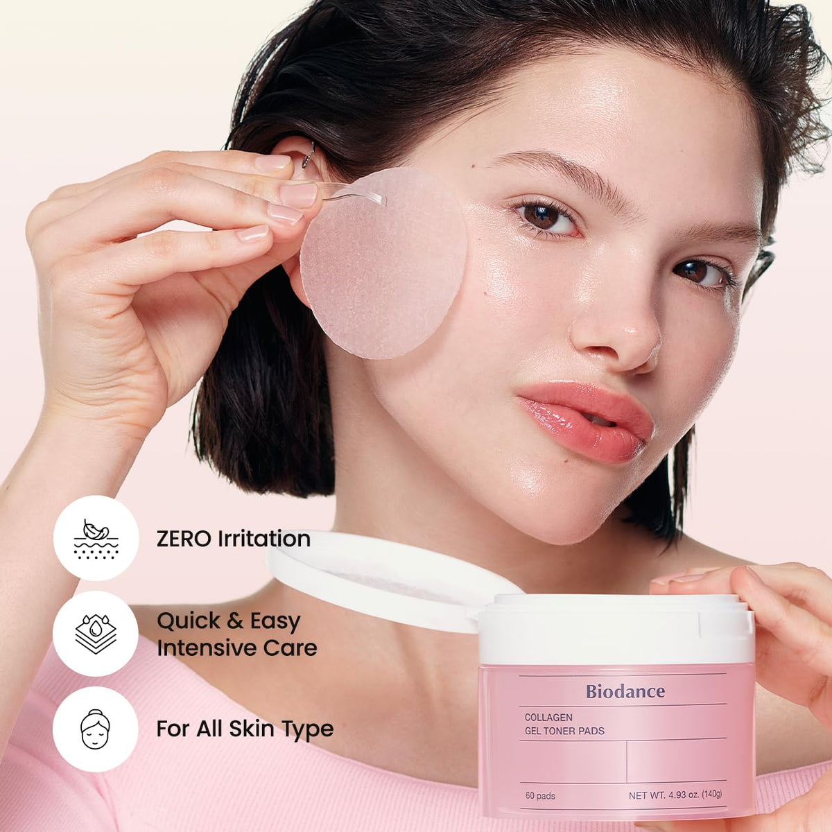 BIODANCE Collagen Gel Toner Pads with a fresh face background
