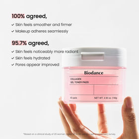 BIODANCE Collagen Gel Toner Pads with a hand holding one pad