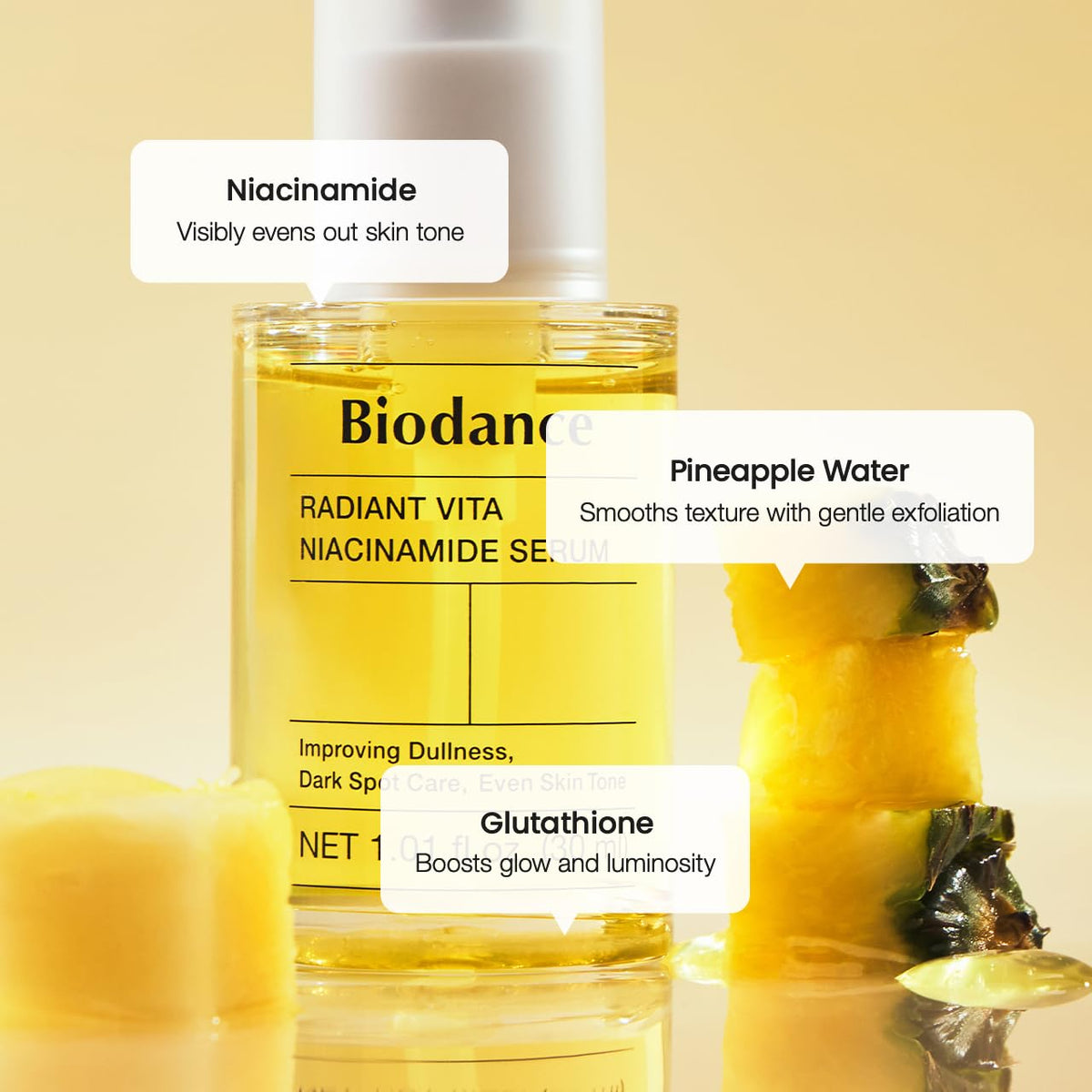 BIODANCE Radiant Vita Niacinamide Serum with background of fresh pineapple