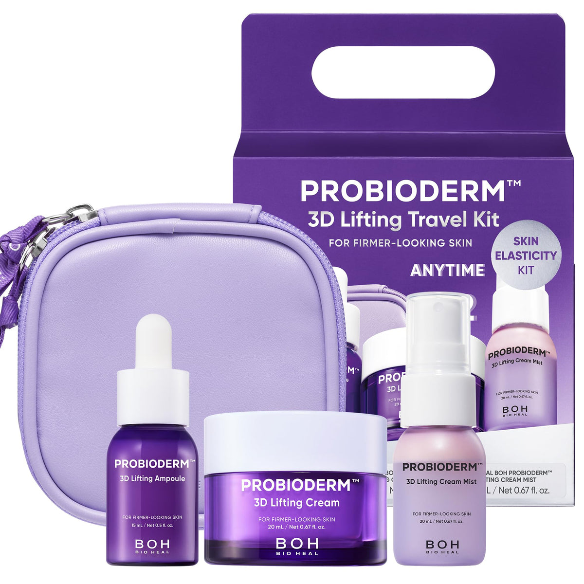 BIOHEAL BOH Probioderm 3D Lifting Travel Kit front view with ampoule, night cream, and cream mist
