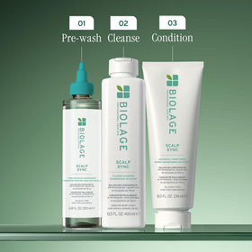 Biolage Scalp Sync Universal Conditioner in a bathroom setting