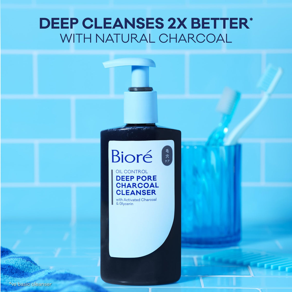 Bioré Deep Pore Charcoal Face Wash in a bathroom setting