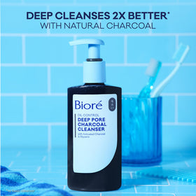 Bioré Deep Pore Charcoal Face Wash in a bathroom setting