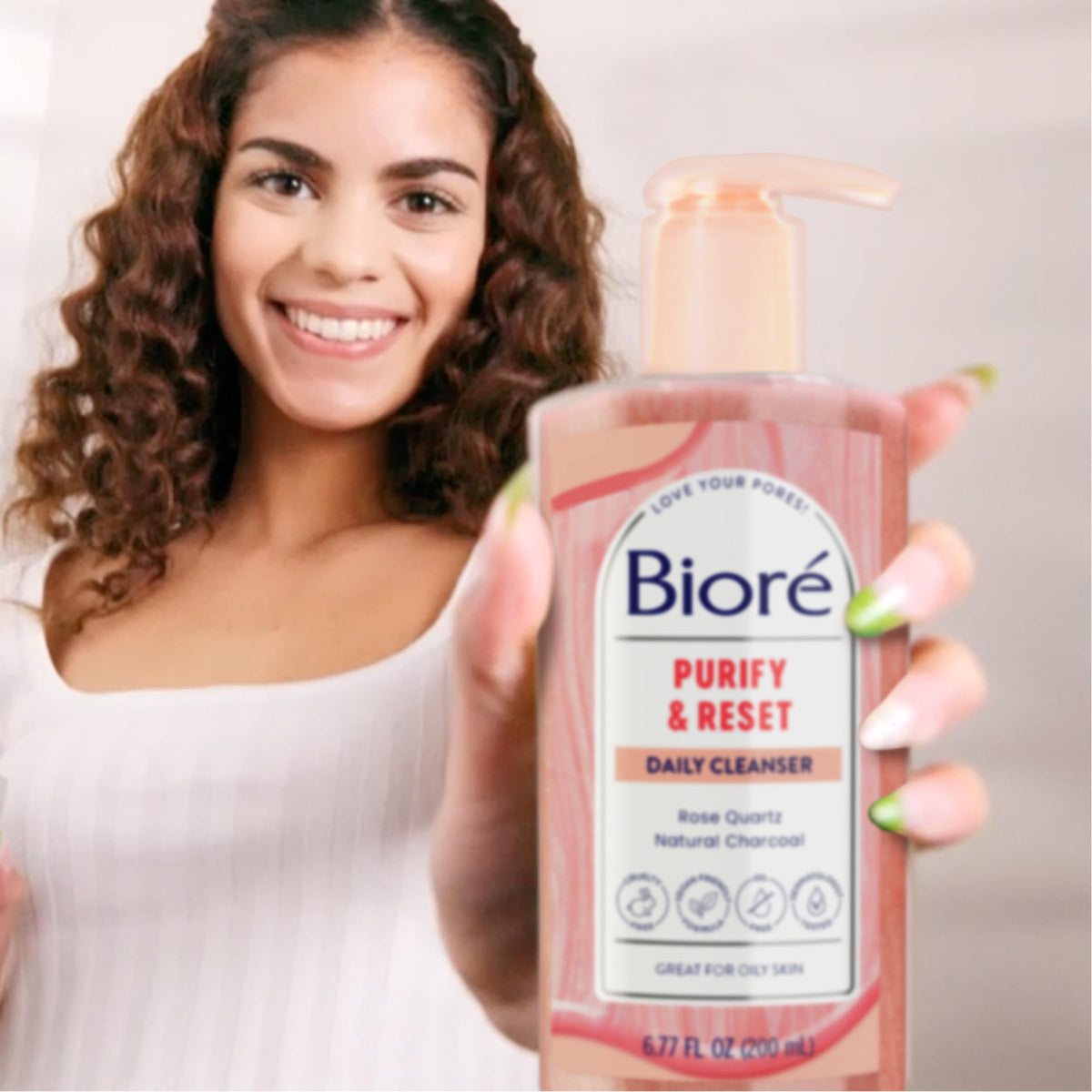 Bioré Rose Quartz + Charcoal Cleanser in bathroom setting