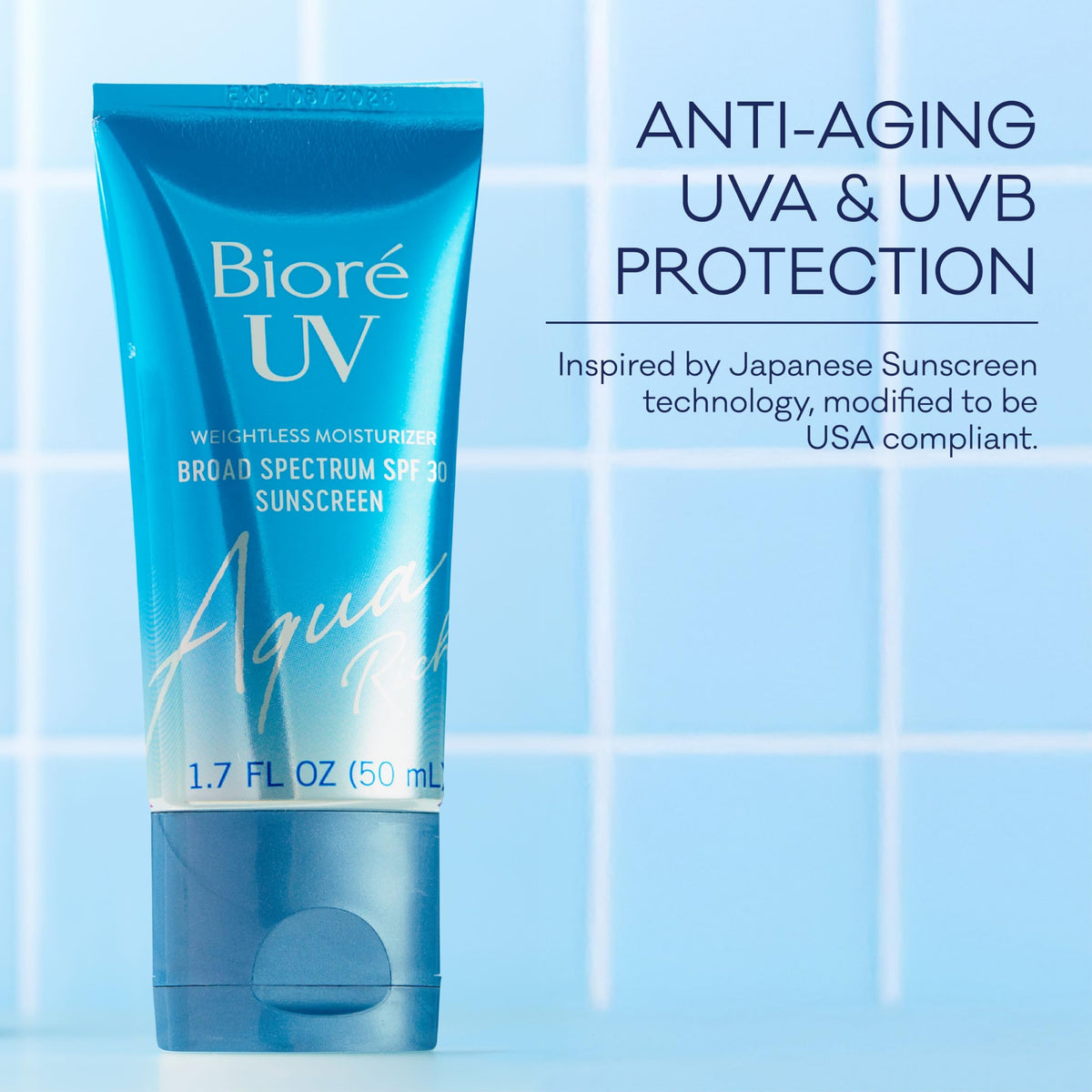Bioré UV Aqua Rich Moisturizer SPF 30 lifestyle shot with makeup