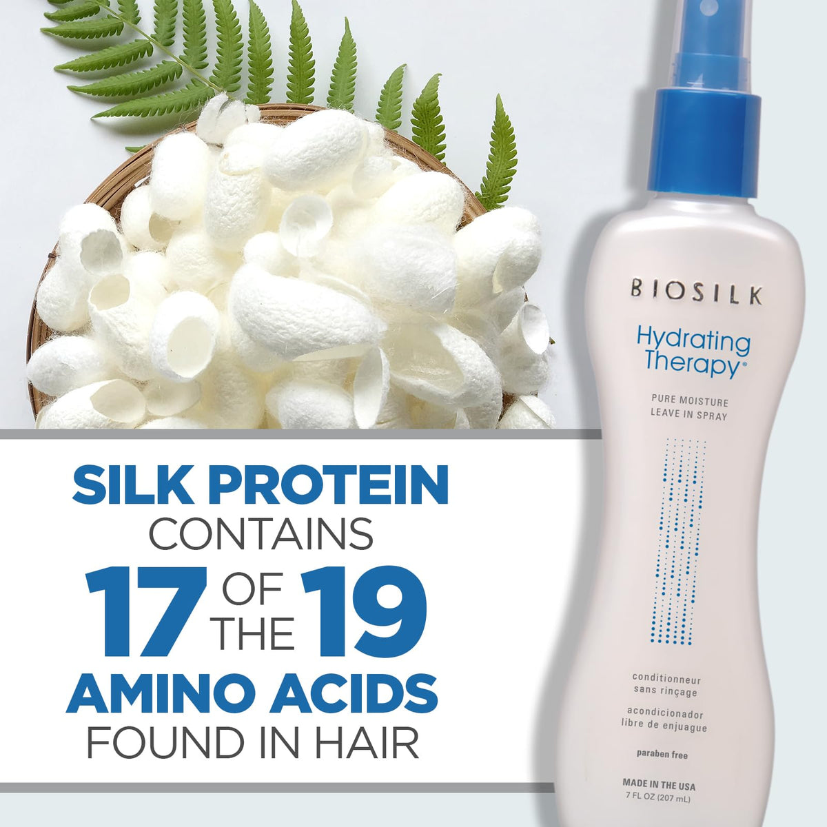 BioSilk Hydrating Therapy Leave-In Hair Spray 7 Oz on a bathroom counter