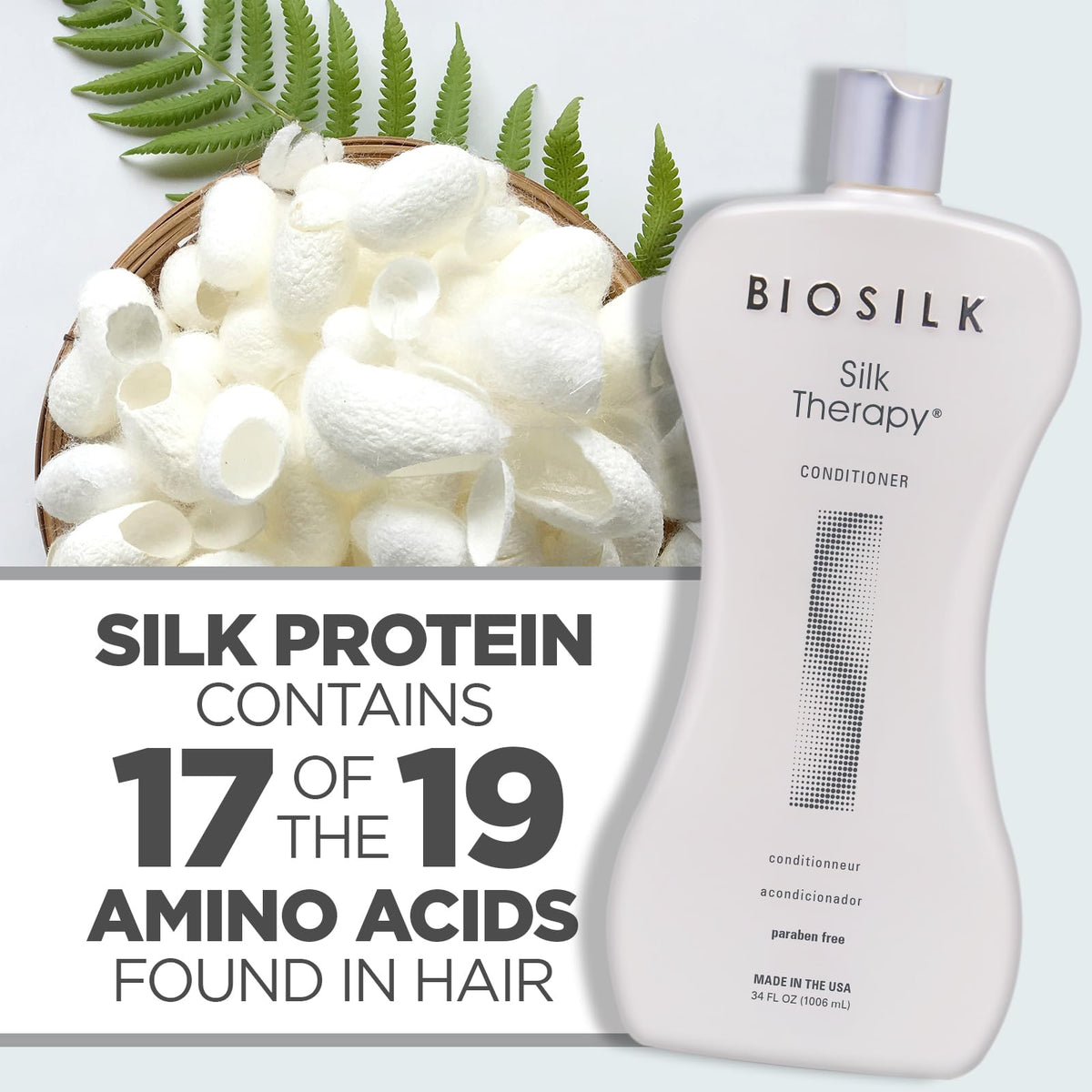 BioSilk Silk Therapy Conditioner 34 oz on bathroom shelf
