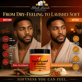 Black Lavish Essentials body butter in a bathroom setting