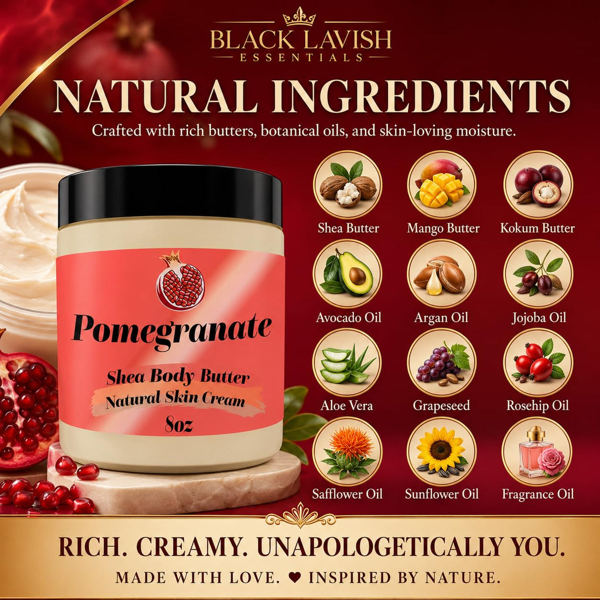 Black Lavish Essentials Ultra-Soft Shea Body Butter 8oz application on skin