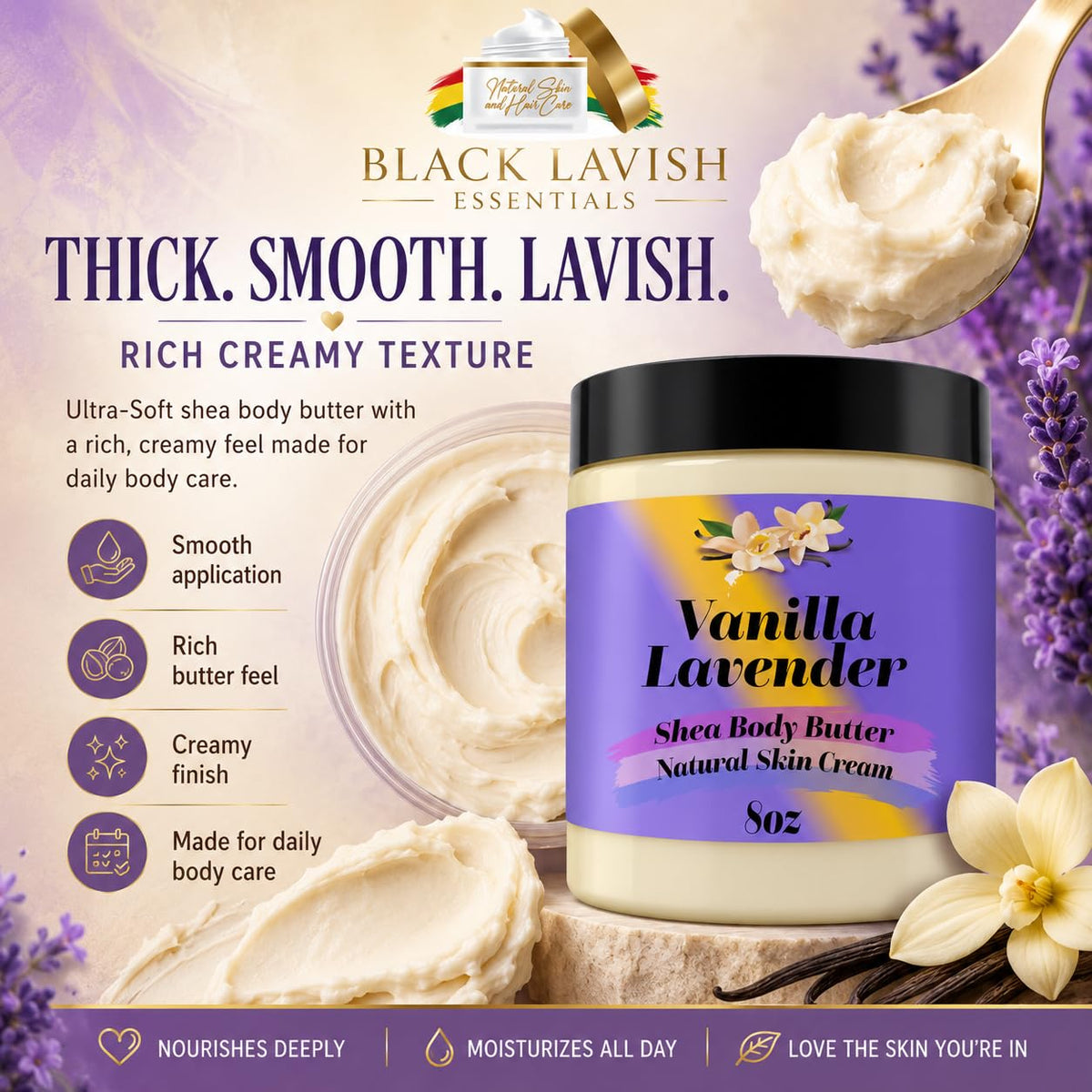 Black Lavish Essentials Ultra Soft Shea Body Butter 8oz in a bathroom setting