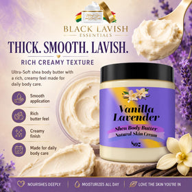 Black Lavish Essentials Ultra Soft Shea Body Butter 8oz in a bathroom setting