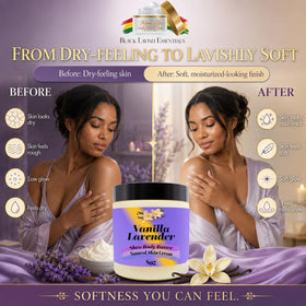 Black Lavish Essentials Ultra Soft Shea Body Butter 8oz on a wooden surface