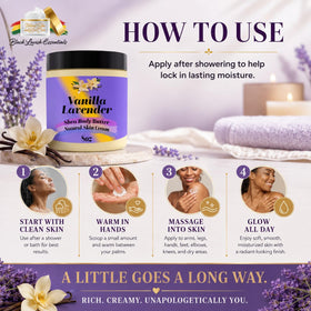Black Lavish Essentials Ultra Soft Shea Body Butter 8oz with lavender flowers