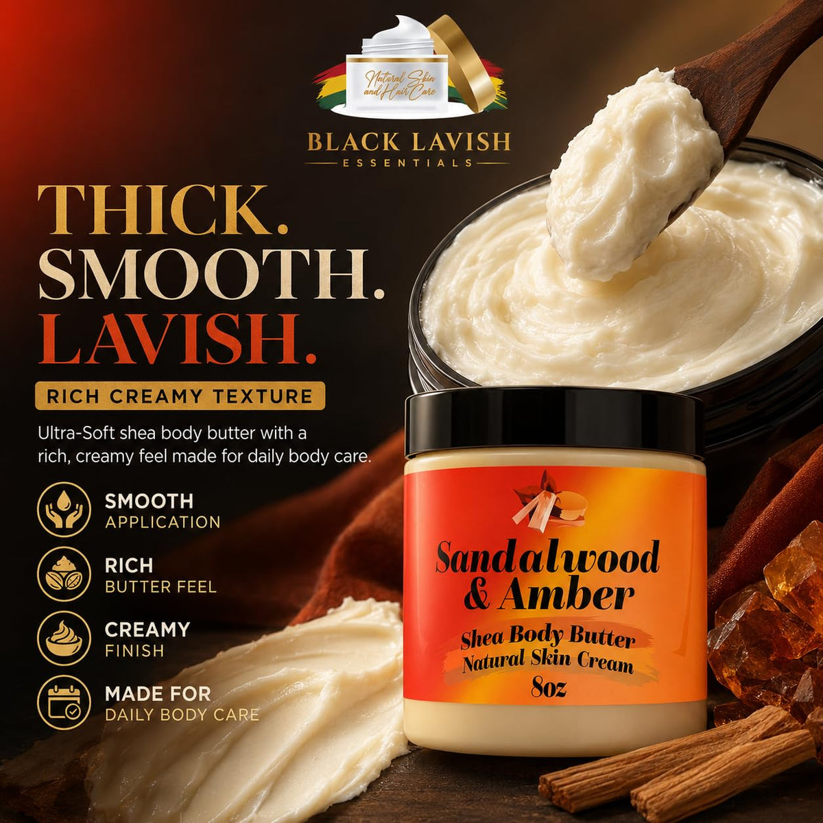 Black Lavish Essentials Ultra-Soft Shea Body Butter 8oz with lid open