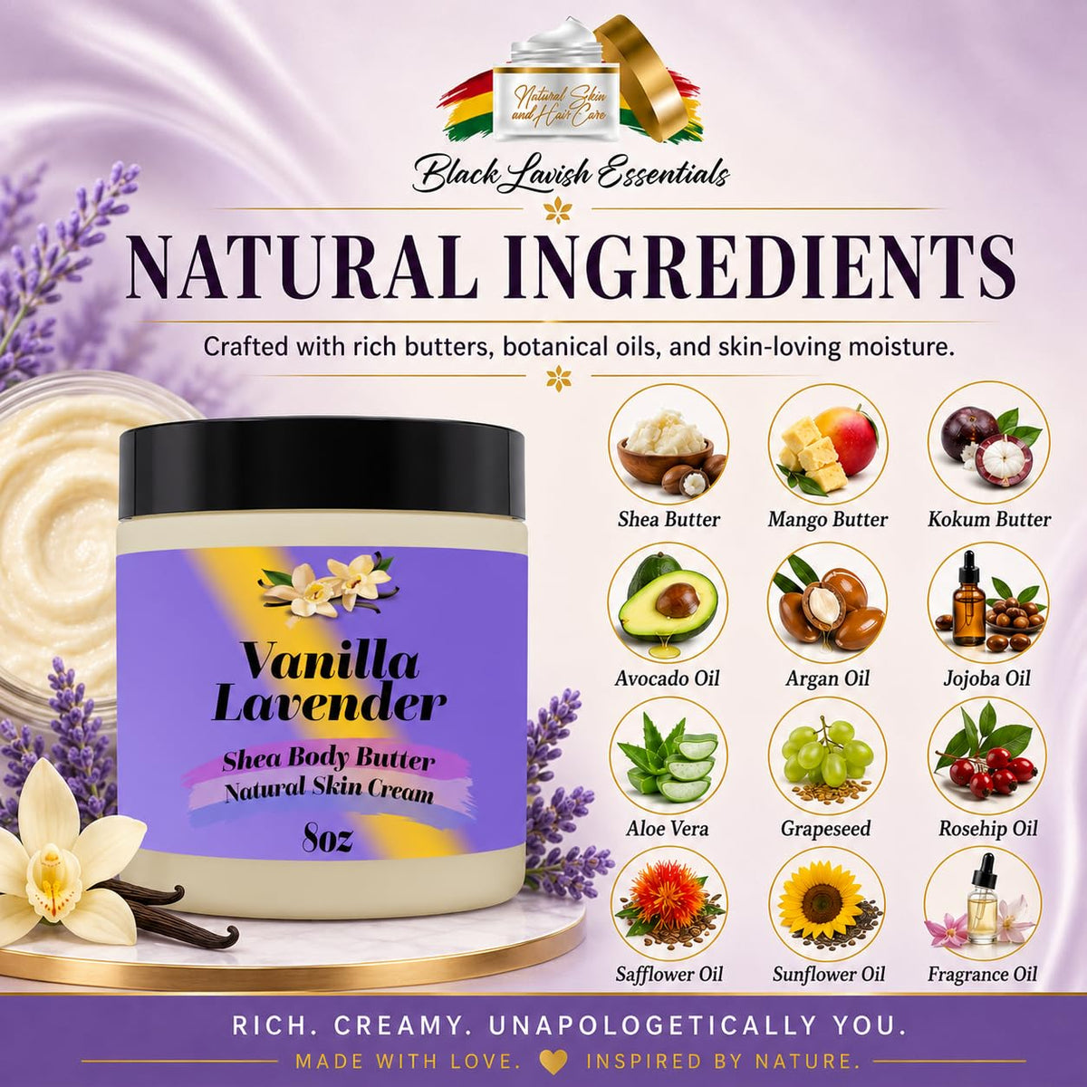 Black Lavish Essentials Ultra Soft Shea Body Butter 8oz with natural ingredients