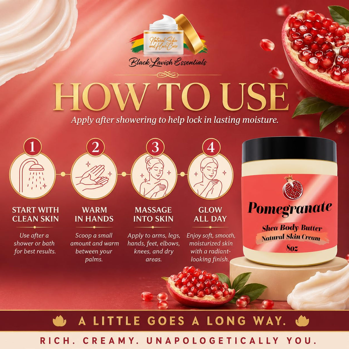 Black Lavish Essentials Ultra-Soft Shea Body Butter 8oz with pomegranate slices