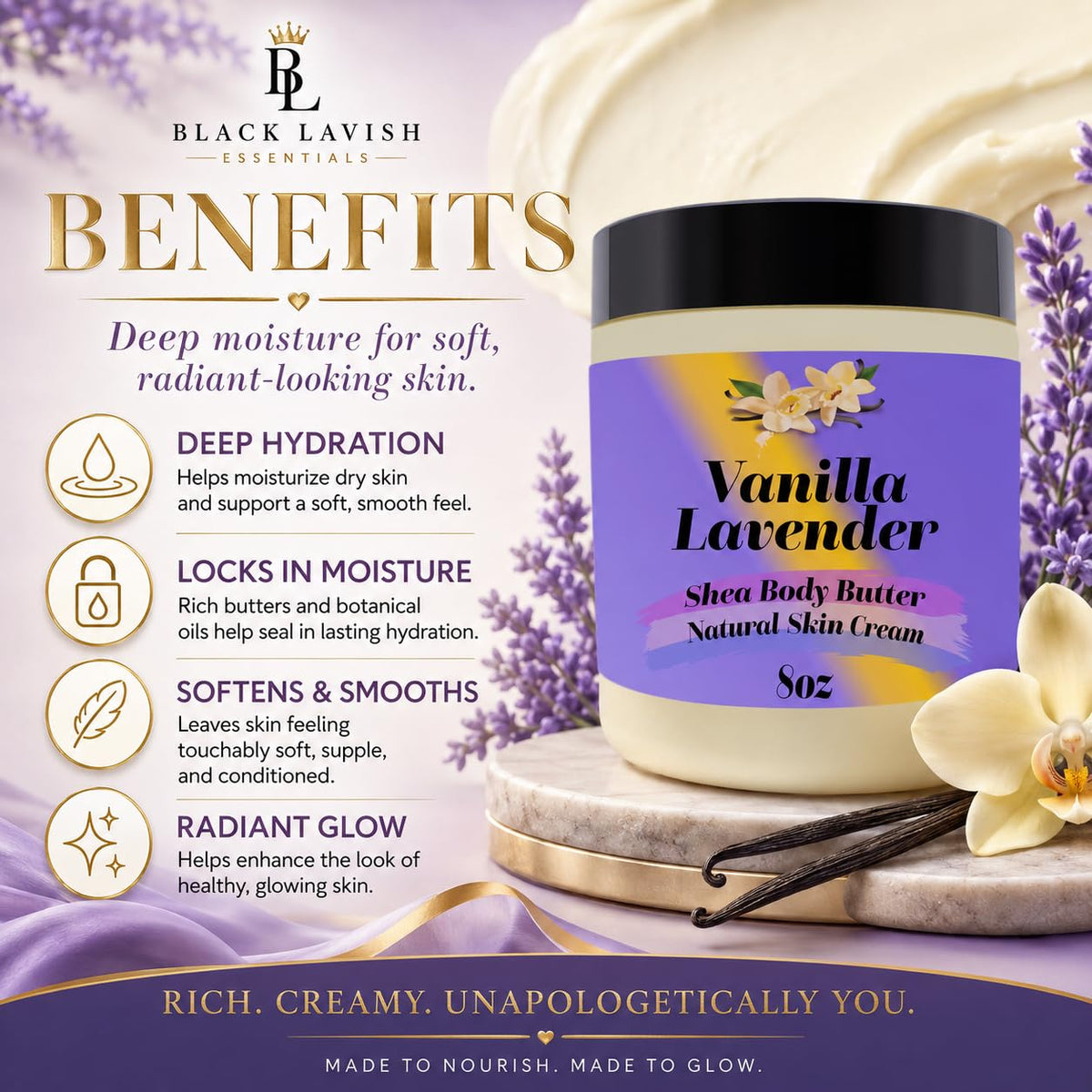 Black Lavish Essentials Ultra Soft Shea Body Butter 8oz with texture close-up