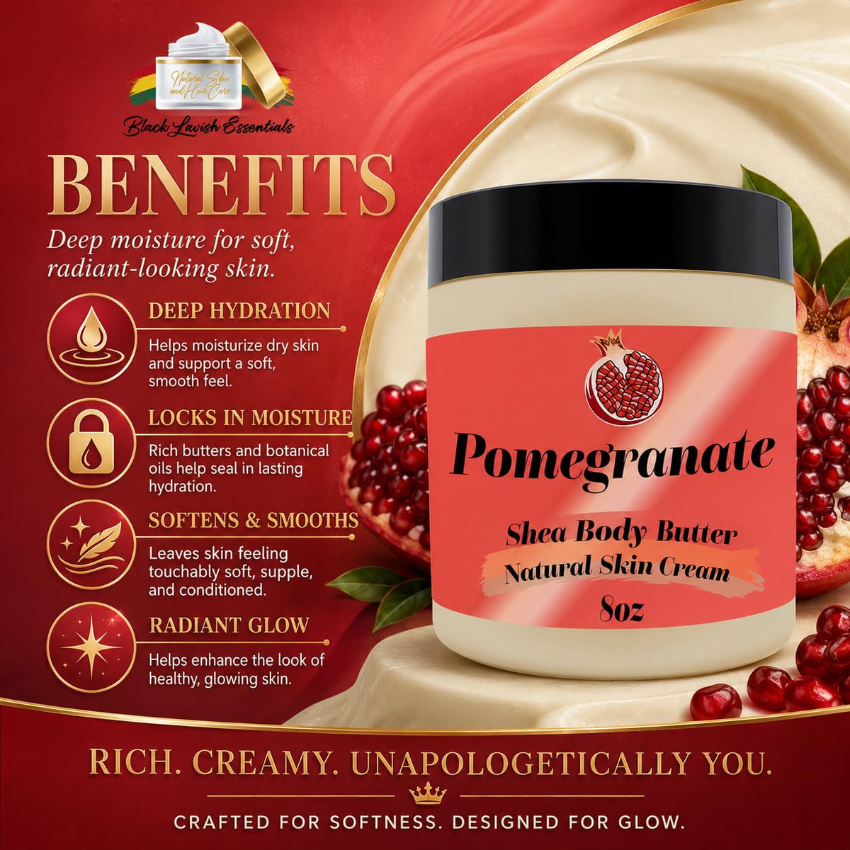 Black Lavish Essentials Ultra-Soft Shea Body Butter 8oz with texture close-up